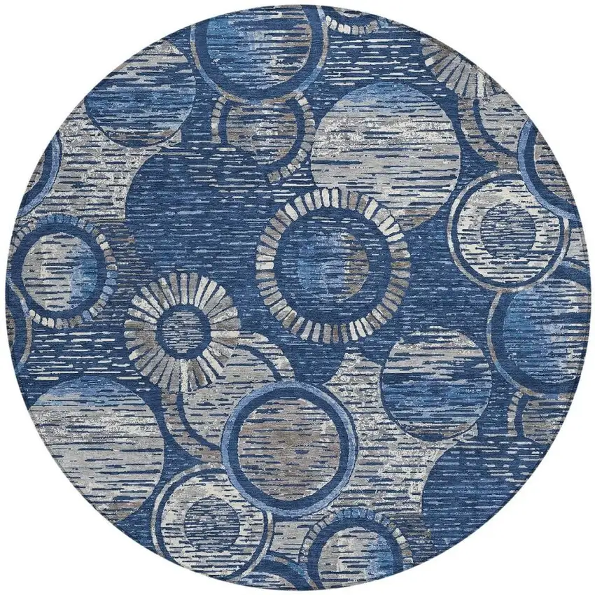 8' Navy Blue And Gray Round Geometric Washable Indoor Outdoor Area Rug Photo 3