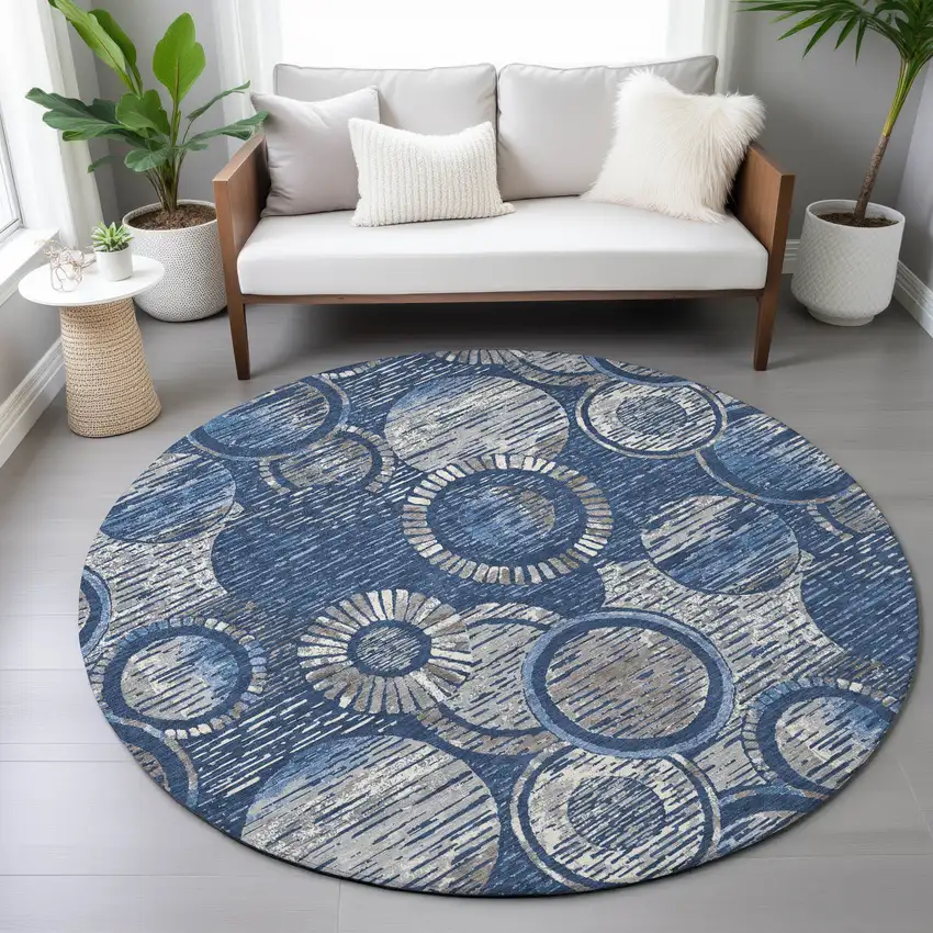 8' Navy Blue And Gray Round Geometric Washable Indoor Outdoor Area Rug Photo 8