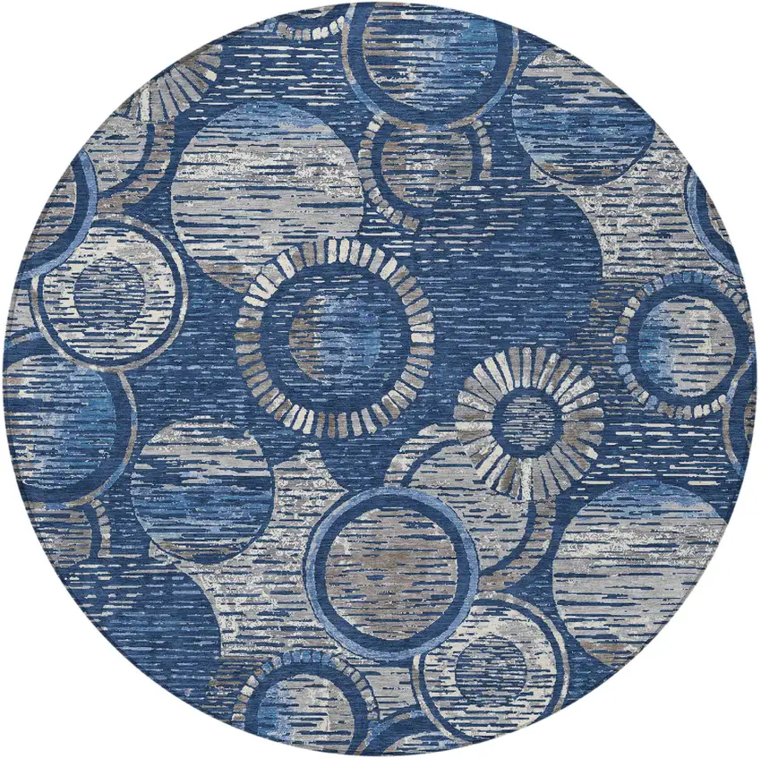 8' Navy Blue And Gray Round Geometric Washable Indoor Outdoor Area Rug Photo 4