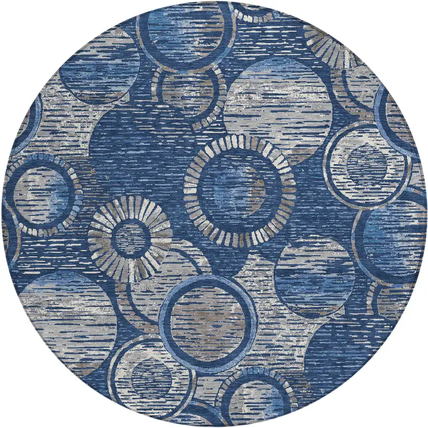 8' Navy Blue And Gray Round Geometric Washable Indoor Outdoor Area Rug Photo 1