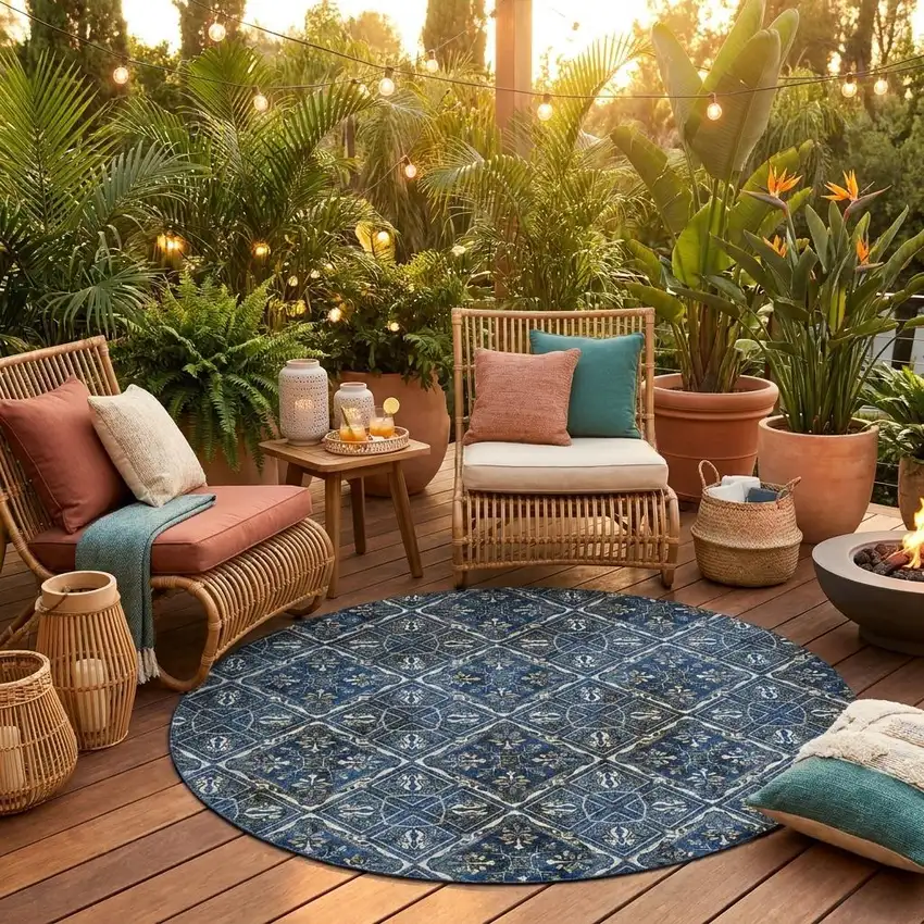 8' Navy Blue And Gray Round Geometric Washable Indoor Outdoor Area Rug Photo 1