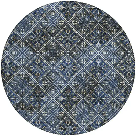 8' Navy Blue And Gray Round Geometric Washable Indoor Outdoor Area Rug Photo 4