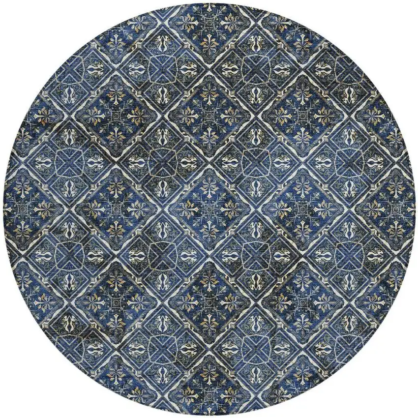 8' Navy Blue And Gray Round Geometric Washable Indoor Outdoor Area Rug Photo 4