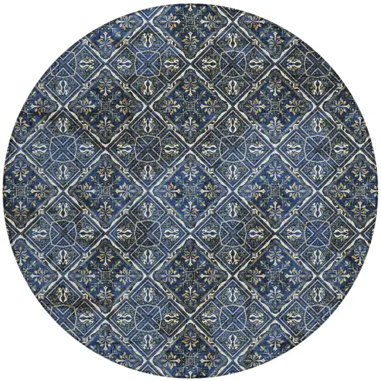 8' Navy Blue And Gray Round Geometric Washable Indoor Outdoor Area Rug Photo 2