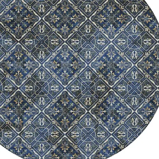 8' Navy Blue And Gray Round Geometric Washable Indoor Outdoor Area Rug Photo 3
