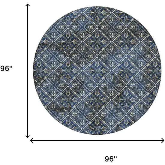 8' Navy Blue And Gray Round Geometric Washable Indoor Outdoor Area Rug Photo 9