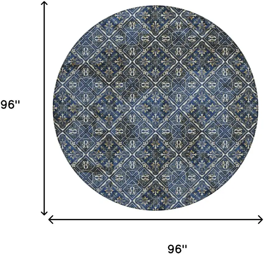 8' Navy Blue And Gray Round Geometric Washable Indoor Outdoor Area Rug Photo 9