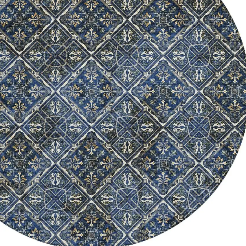 8' Navy Blue And Gray Round Geometric Washable Indoor Outdoor Area Rug Photo 5