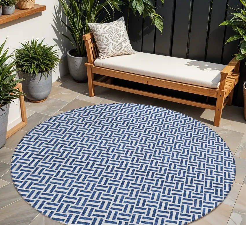 8' Navy Blue And Gray Round Geometric Washable Indoor Outdoor Area Rug Photo 1