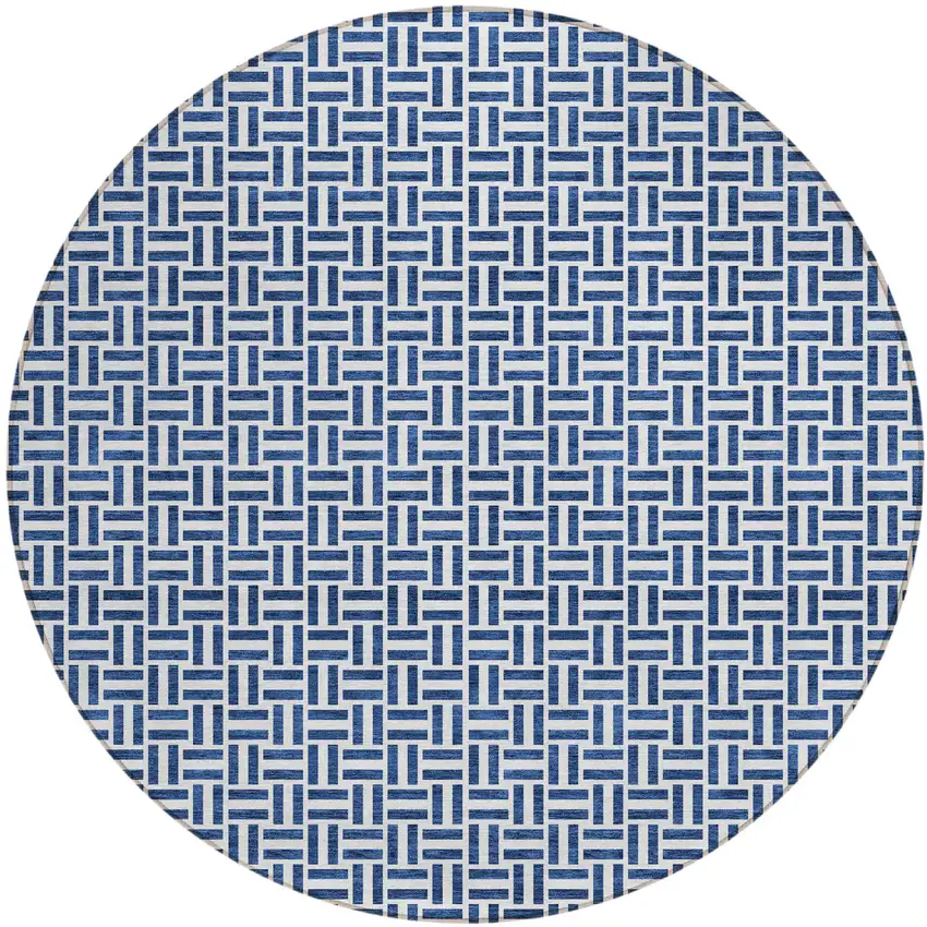 8' Navy Blue And Gray Round Geometric Washable Indoor Outdoor Area Rug Photo 2