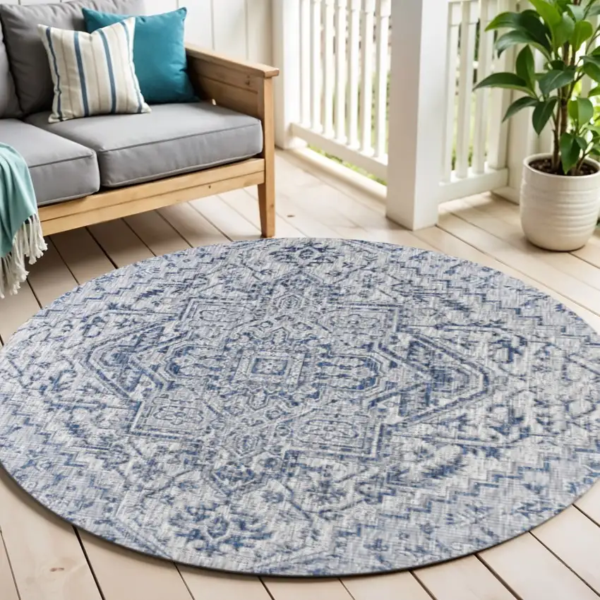 6' Navy Blue And Gray Round Medallion Indoor Outdoor Area Rug Photo 1