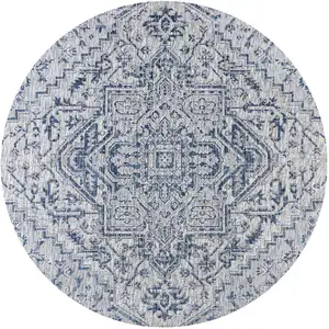 Photo of 6' Navy Blue And Gray Round Medallion Indoor Outdoor Area Rug