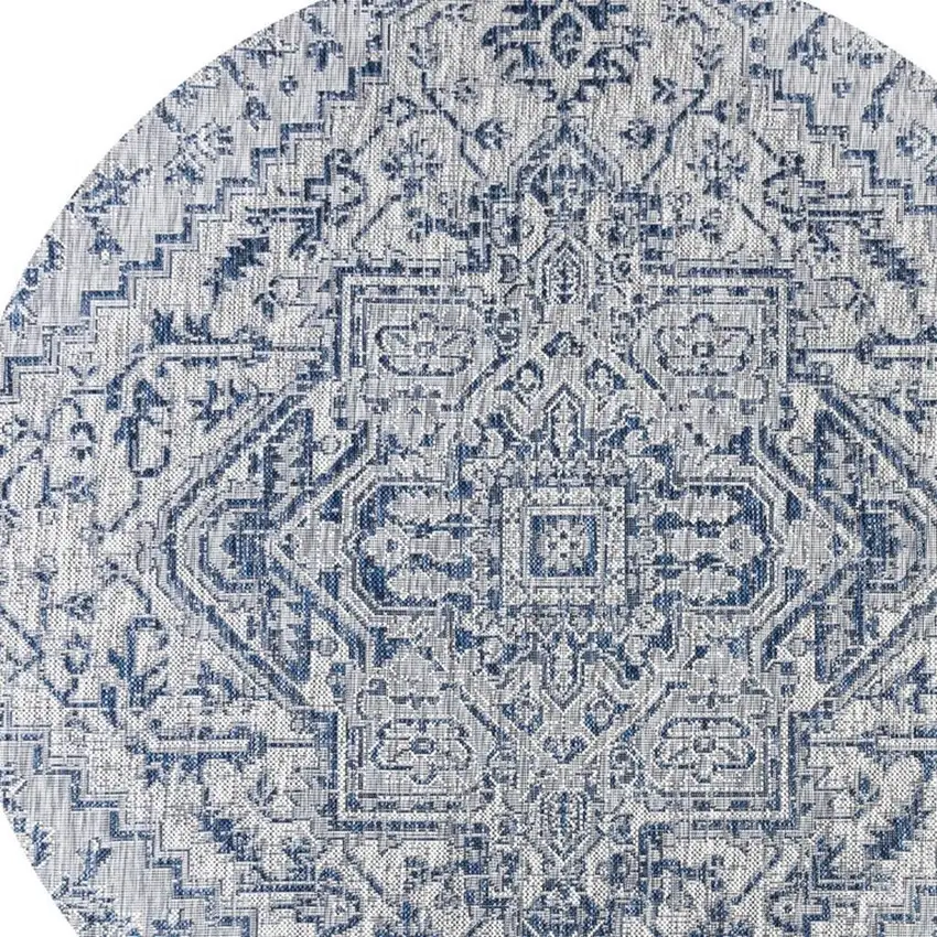 8' Navy Blue And Gray Round Medallion Indoor Outdoor Area Rug Photo 2