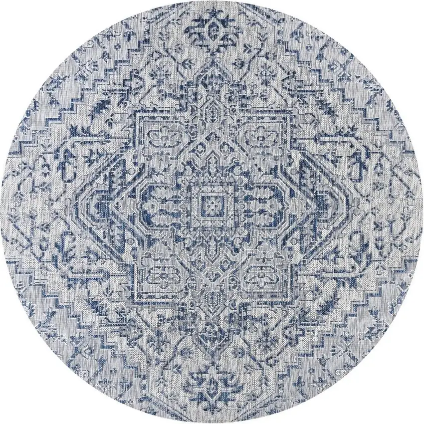 8' Navy Blue And Gray Round Medallion Indoor Outdoor Area Rug Photo 3