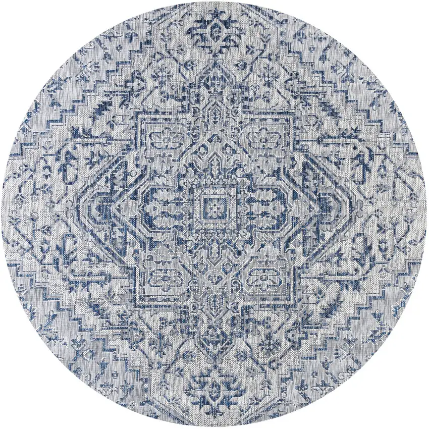 9' Navy Blue And Gray Round Medallion Indoor Outdoor Area Rug Photo 1