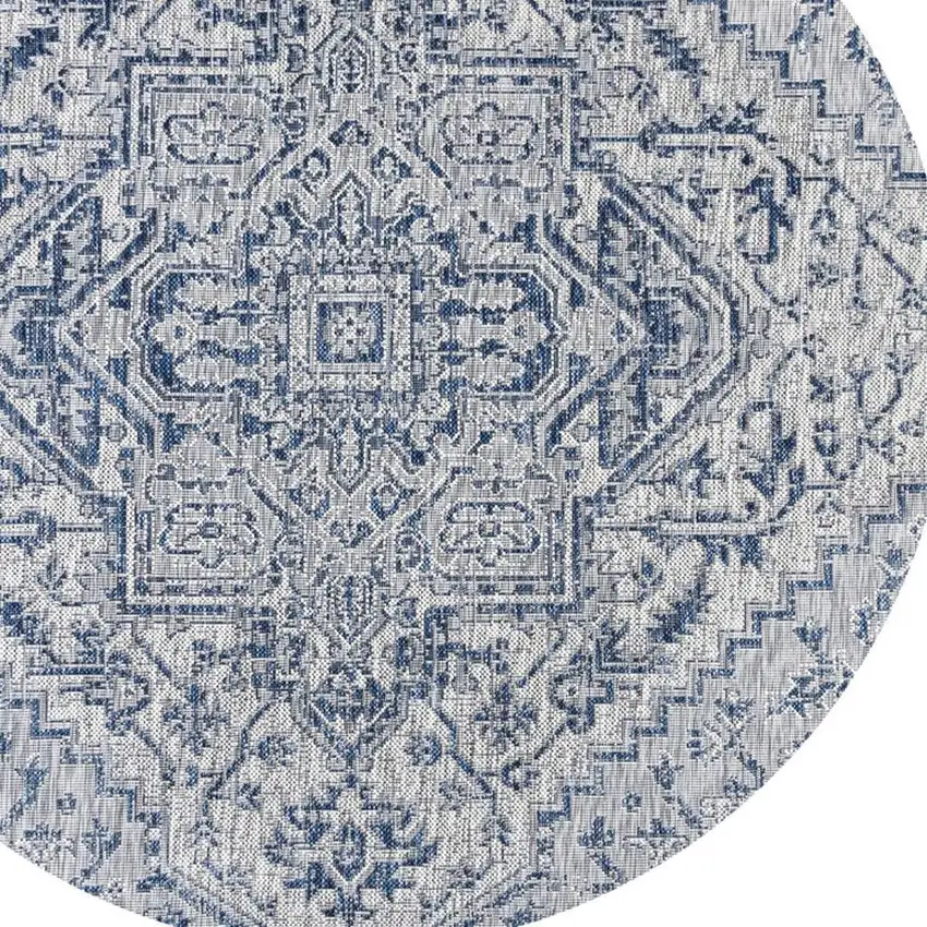 9' Navy Blue And Gray Round Medallion Indoor Outdoor Area Rug Photo 2