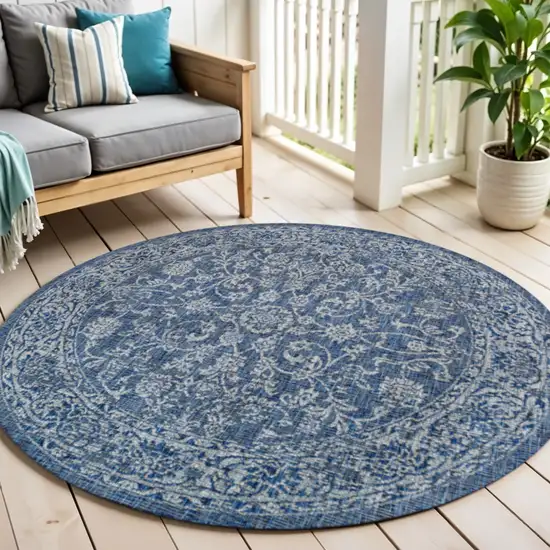 5' Navy Blue And Gray Round Medallion Indoor Outdoor Area Rug Photo 1