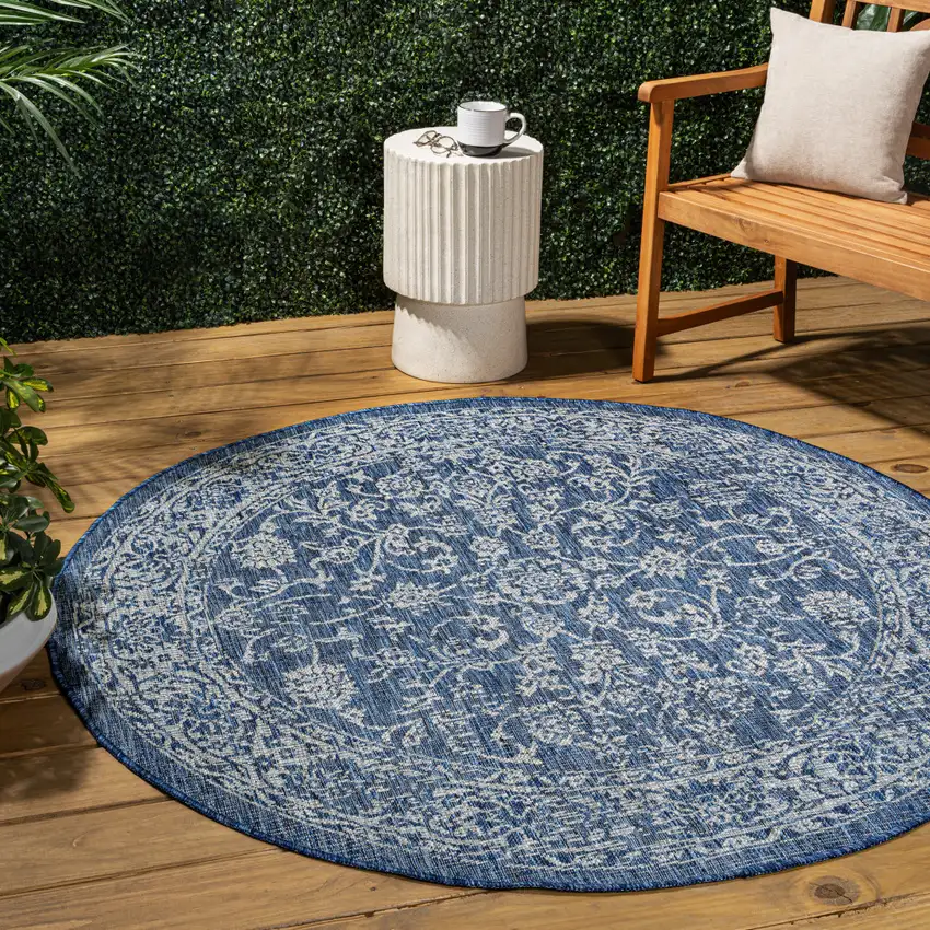 5' Navy Blue And Gray Round Medallion Indoor Outdoor Area Rug Photo 5