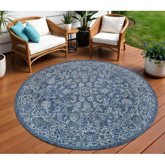 8' Navy Blue And Gray Round Medallion Indoor Outdoor Area Rug Photo 1