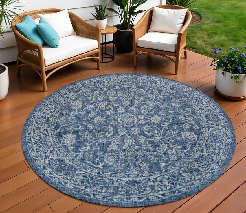 8' Navy Blue And Gray Round Medallion Indoor Outdoor Area Rug Photo 1