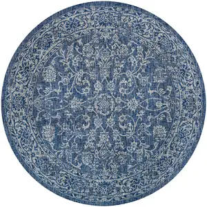 Photo of 8' Navy Blue And Gray Round Medallion Indoor Outdoor Area Rug