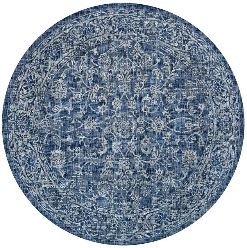 8' Navy Blue And Gray Round Medallion Indoor Outdoor Area Rug Photo 3