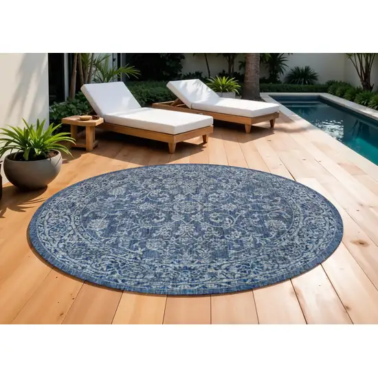9' Navy Blue And Gray Round Medallion Indoor Outdoor Area Rug Photo 1