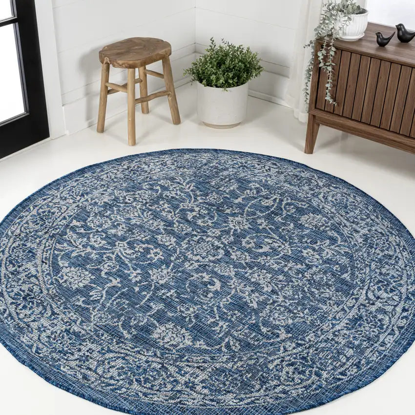 9' Navy Blue And Gray Round Medallion Indoor Outdoor Area Rug Photo 4
