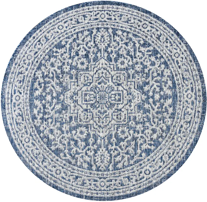 6' Navy Blue And Gray Round Medallion Indoor Outdoor Area Rug Photo 1