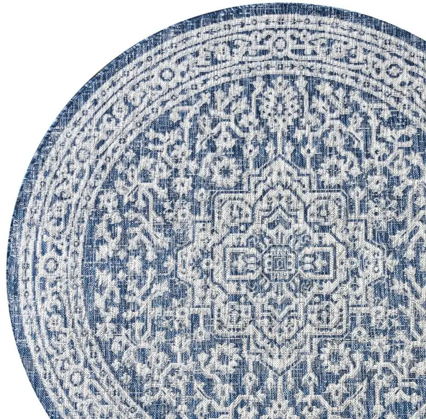 6' Navy Blue And Gray Round Medallion Indoor Outdoor Area Rug Photo 2