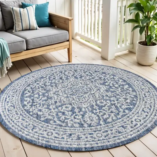 6' Navy Blue And Gray Round Medallion Indoor Outdoor Area Rug Photo 1