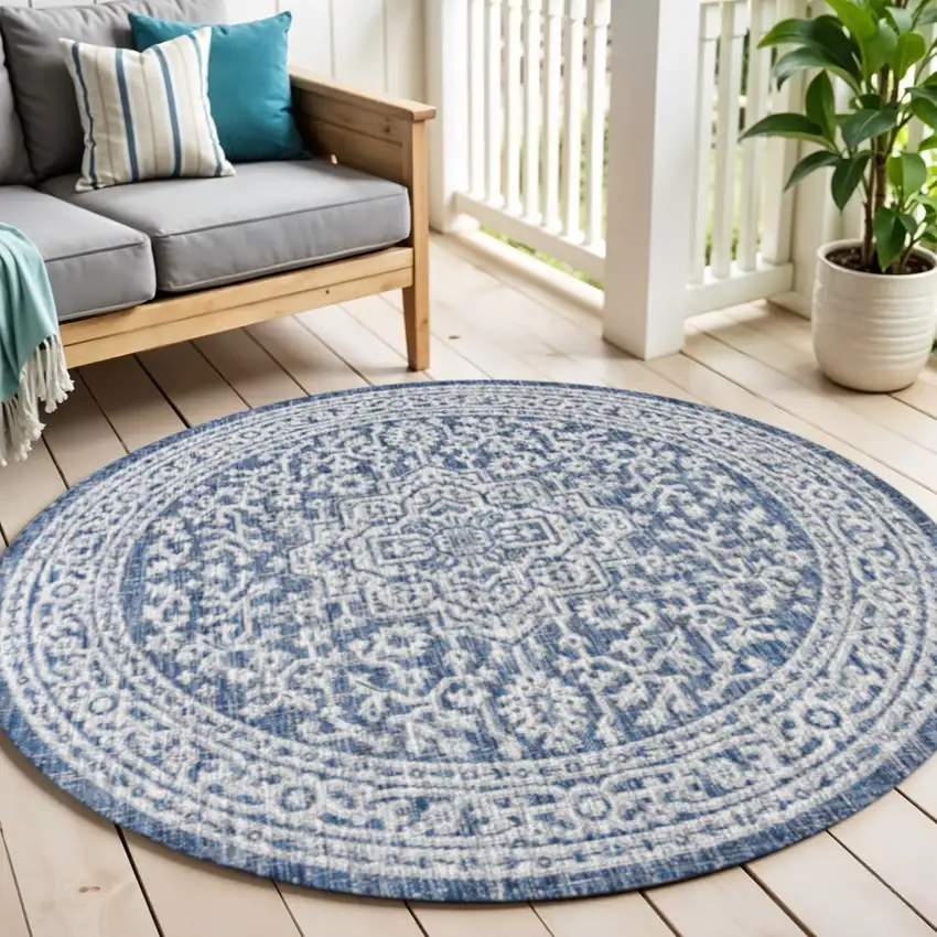 6' Navy Blue And Gray Round Medallion Indoor Outdoor Area Rug Photo 1