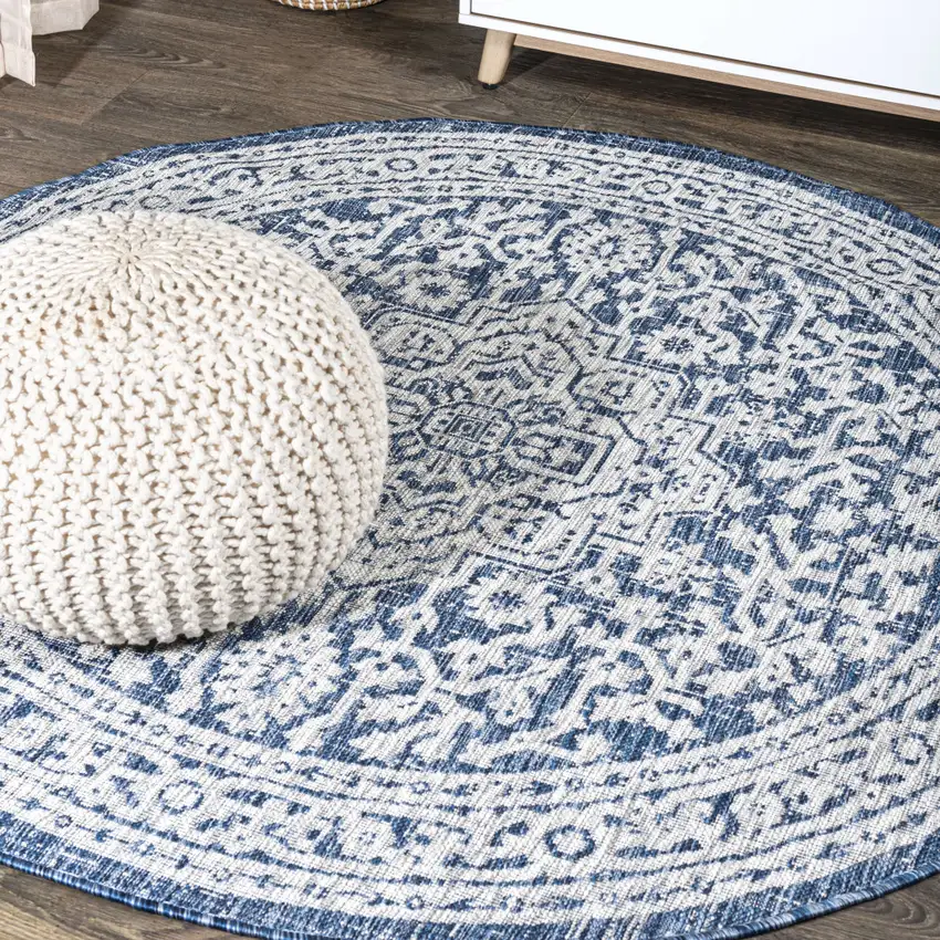8' Navy Blue And Gray Round Medallion Indoor Outdoor Area Rug Photo 4