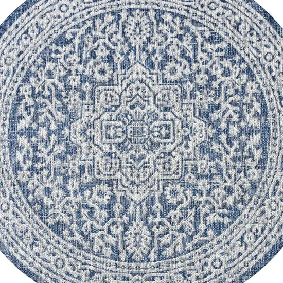 8' Navy Blue And Gray Round Medallion Indoor Outdoor Area Rug Photo 2