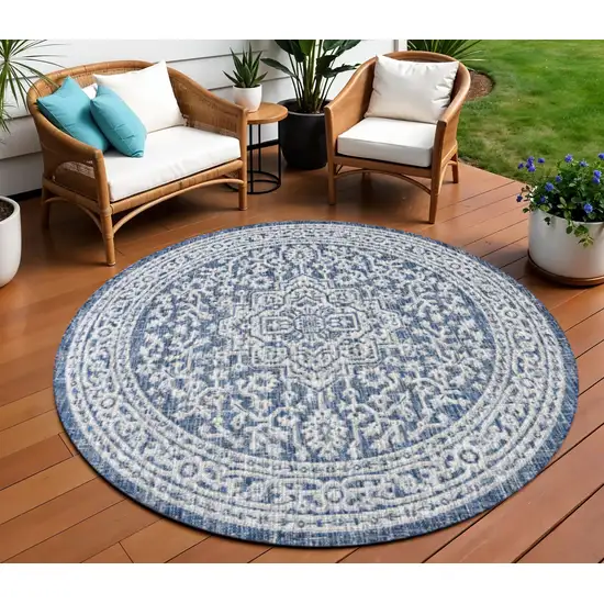 8' Navy Blue And Gray Round Medallion Indoor Outdoor Area Rug Photo 1