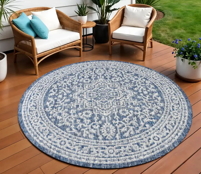 8' Navy Blue And Gray Round Medallion Indoor Outdoor Area Rug Photo 1