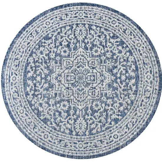 8' Navy Blue And Gray Round Medallion Indoor Outdoor Area Rug Photo 3