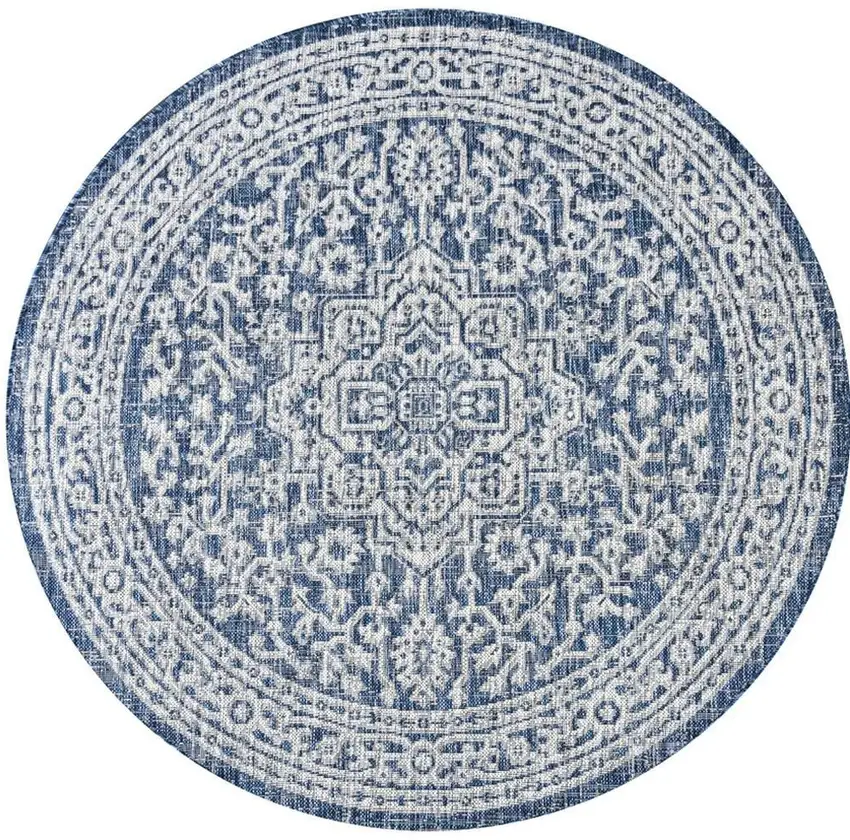 9' Navy Blue And Gray Round Medallion Indoor Outdoor Area Rug Photo 3