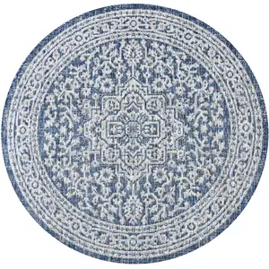 Photo of 9' Navy Blue And Gray Round Medallion Indoor Outdoor Area Rug