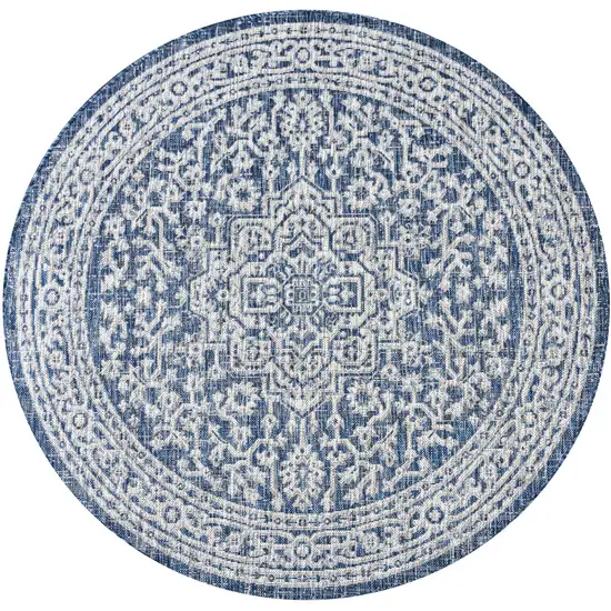 9' Navy Blue And Gray Round Medallion Indoor Outdoor Area Rug Photo 1
