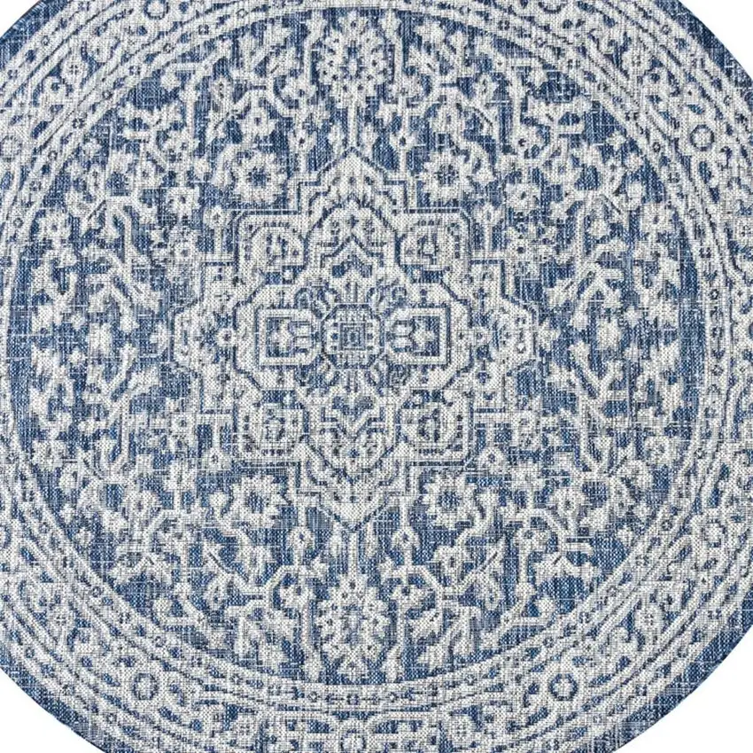 9' Navy Blue And Gray Round Medallion Indoor Outdoor Area Rug Photo 2
