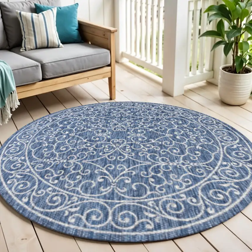 6' Navy Blue And Gray Round Medallion Indoor Outdoor Area Rug Photo 1
