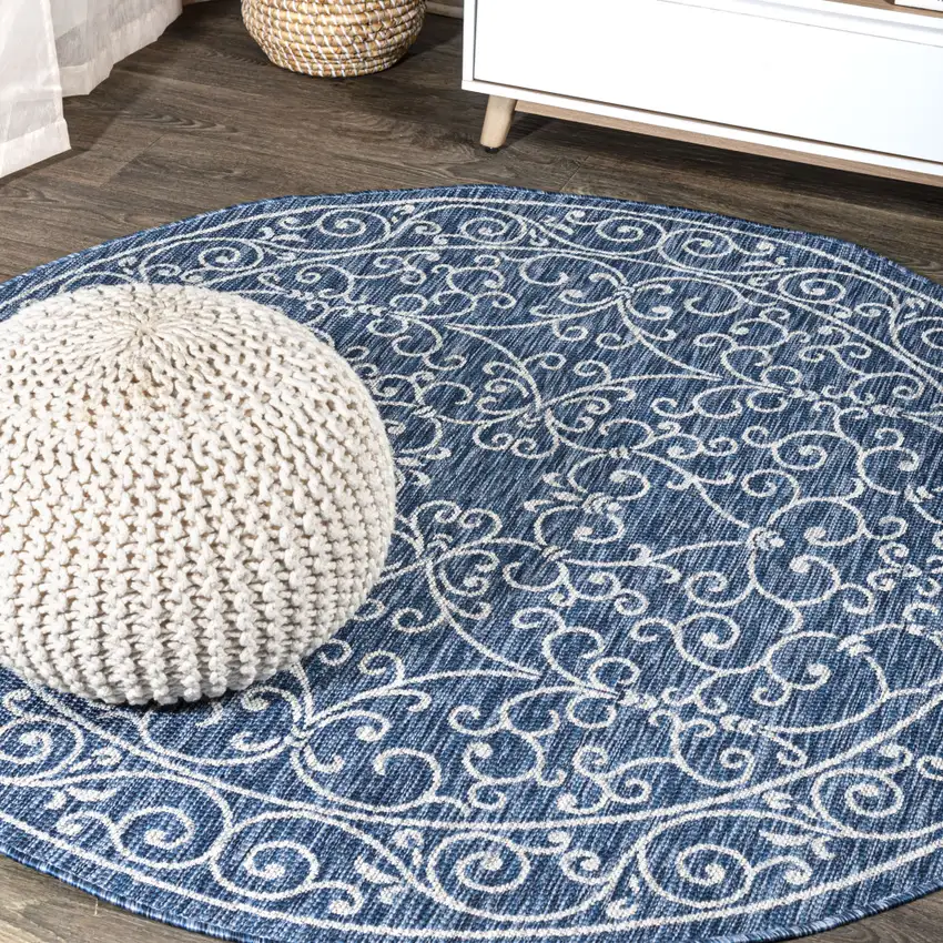 6' Navy Blue And Gray Round Medallion Indoor Outdoor Area Rug Photo 4