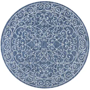Photo of 6' Navy Blue And Gray Round Medallion Indoor Outdoor Area Rug