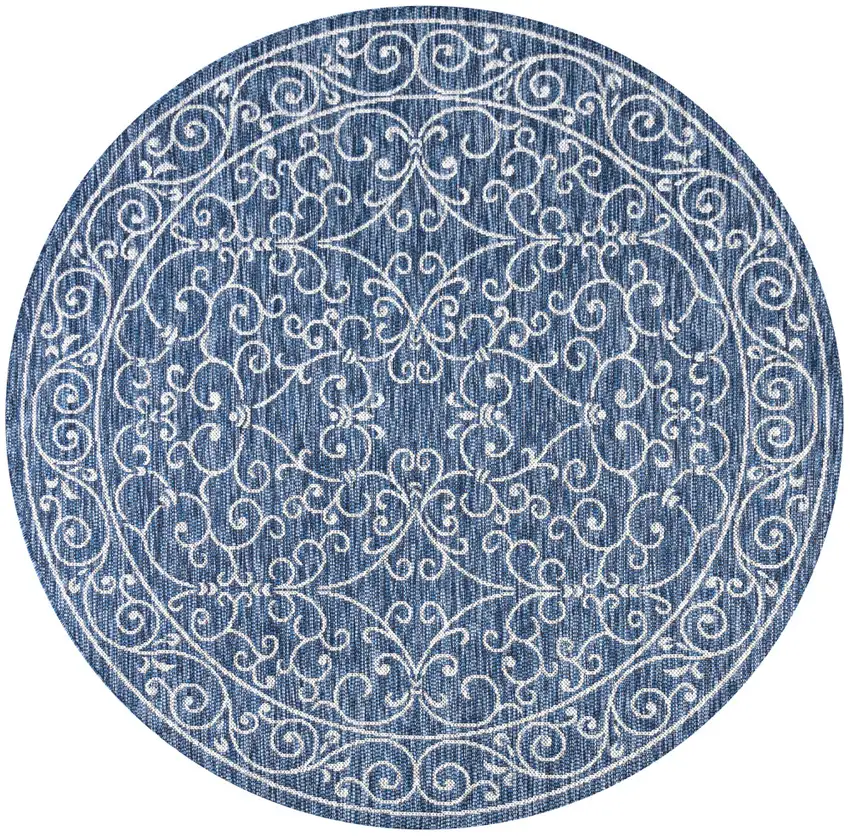8' Navy Blue And Gray Round Medallion Indoor Outdoor Area Rug Photo 1
