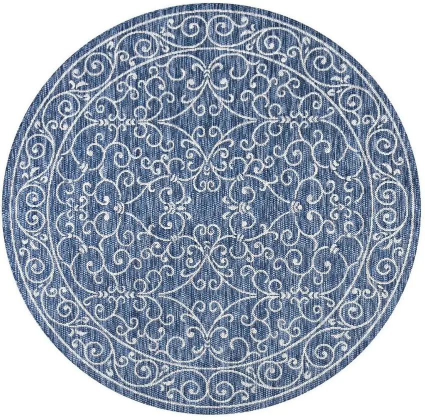 8' Navy Blue And Gray Round Medallion Indoor Outdoor Area Rug Photo 3