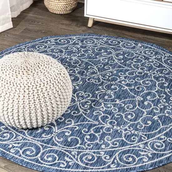8' Navy Blue And Gray Round Medallion Indoor Outdoor Area Rug Photo 4
