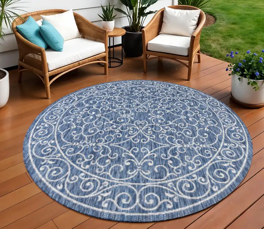 9' Navy Blue And Gray Round Medallion Indoor Outdoor Area Rug Photo 1