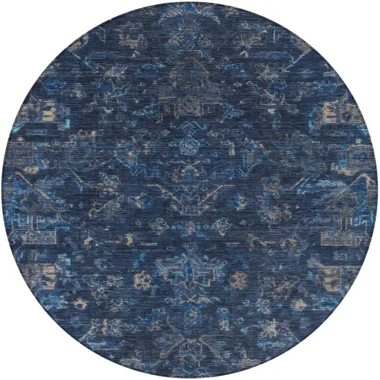 8' Navy Blue And Gray Round Medallion Washable Indoor Outdoor Area Rug Photo 4