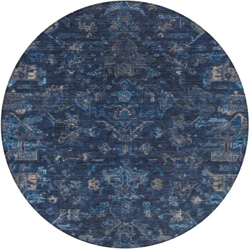 8' Navy Blue And Gray Round Medallion Washable Indoor Outdoor Area Rug Photo 4